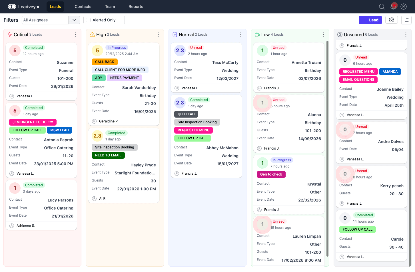 Leadveyor AI lead management dashboard — priority scoring and kanban pipeline