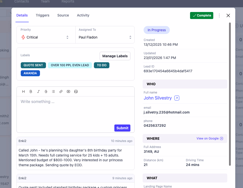 Leadveyor lead detail view showing AI-scored contact information and parsed lead data